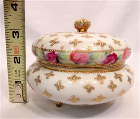ANTIQUE PORCELAIN HAIR RECEIVER POWDER BOX VANITY SET MORIMURA NIPPON PINK ROSES